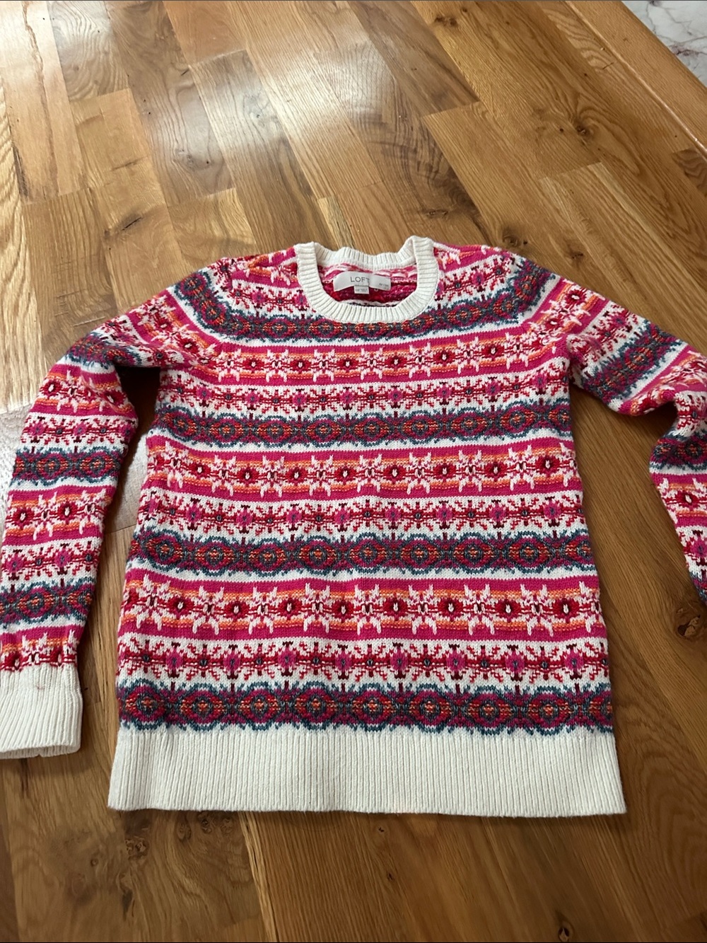 LOFT Pink Multicolor Fair Isle Crewneck Sweater